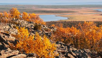 View from the top of a rocky mountain over Lapland landscape in autumn