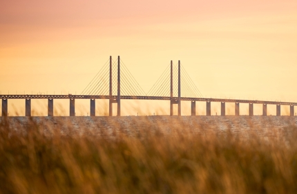 The view of Öresund Bridge in Limhamn Harbour