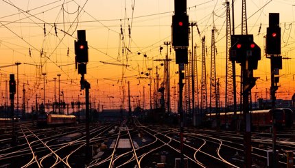 Railroad tracks at a major train station