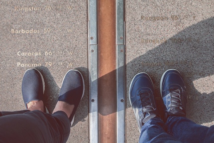 Standing on both sides of the Prime Meridian