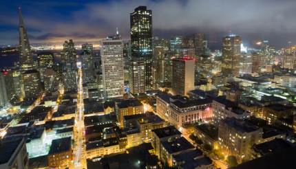 Aerial Views of San Francisco Financial District from Nob Hill at night