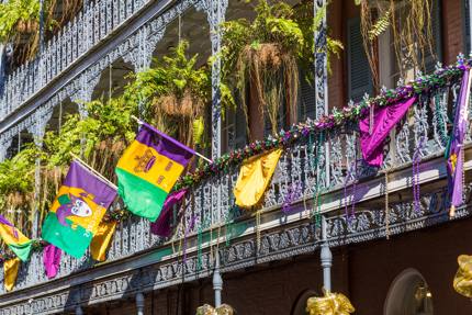 Buildings are decorated for Mardi Gras in New Orleans